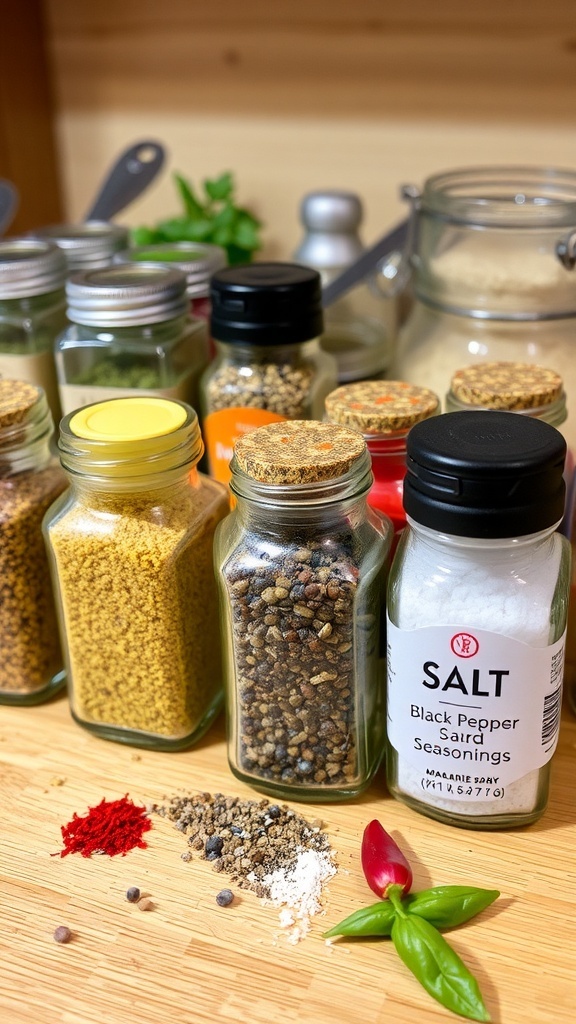 An array of essential seasonings in jars on a wooden counter, showcasing spices like salt, pepper, and paprika.